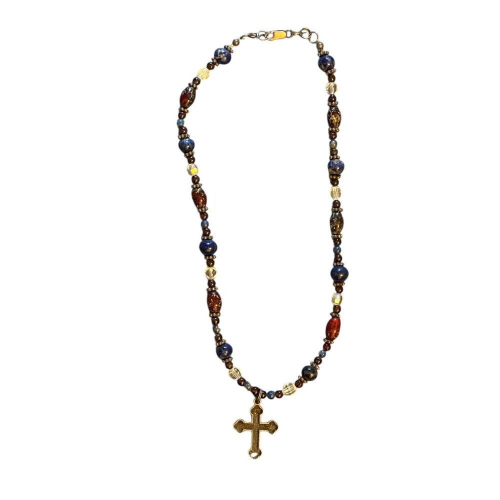Cross Pendant Lapis Lazuli & Red Brown Art Glass and Crystal Beads Handmade